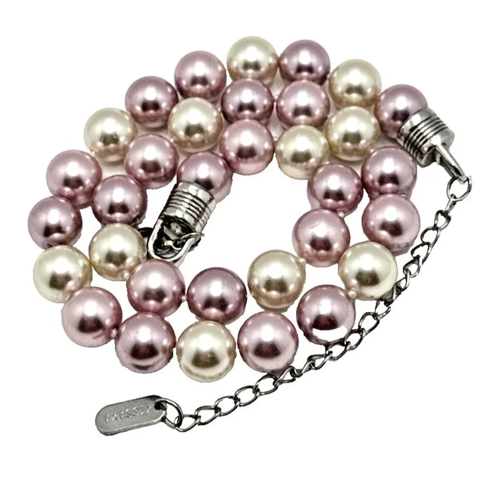 Vintage KISSAKA Faux Pearl Necklace Multicolor Pink Cream Glass Bead Strand 20